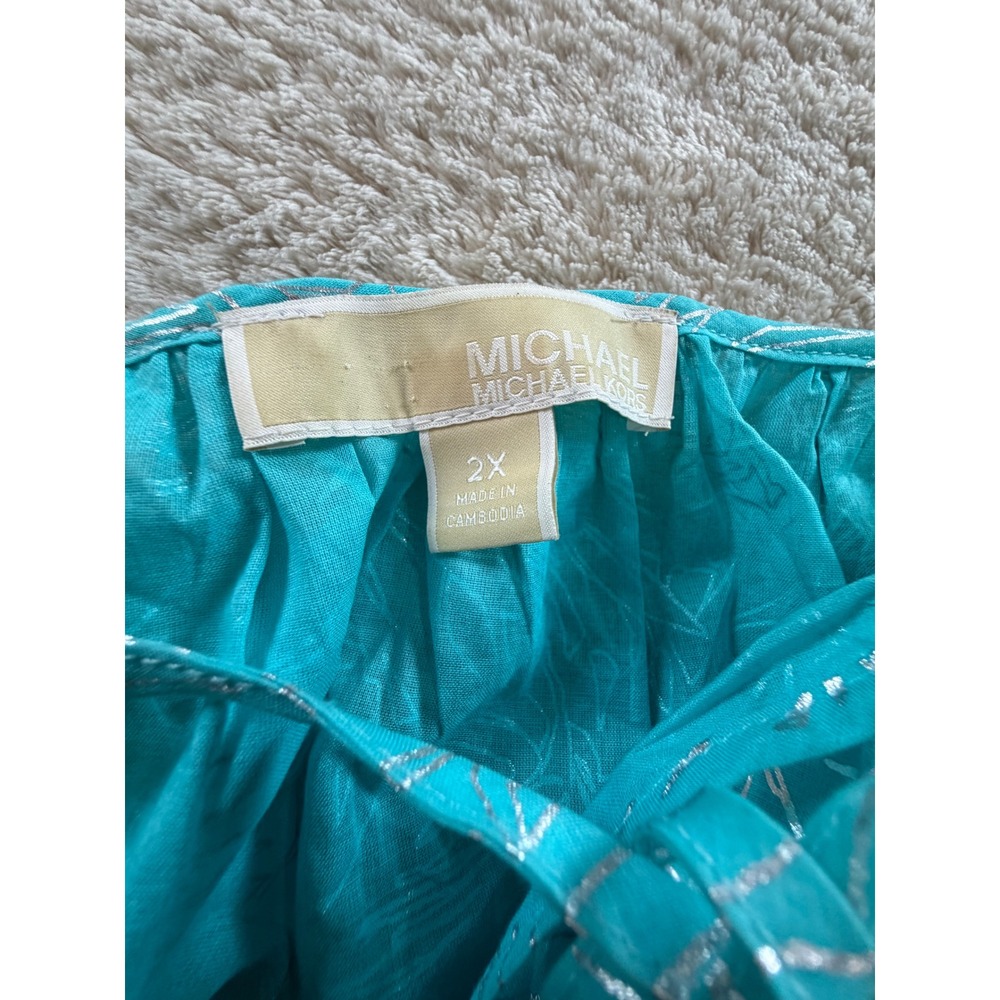 Michael Kors Turquoise Metallic Silver Palm Cold Shoulder Smocked Dress 2X - Picture 5 of 10